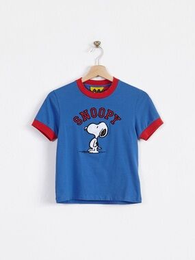 Lazy Oaf Blue Tee with Red Ringer Trim and Snoopy Applique